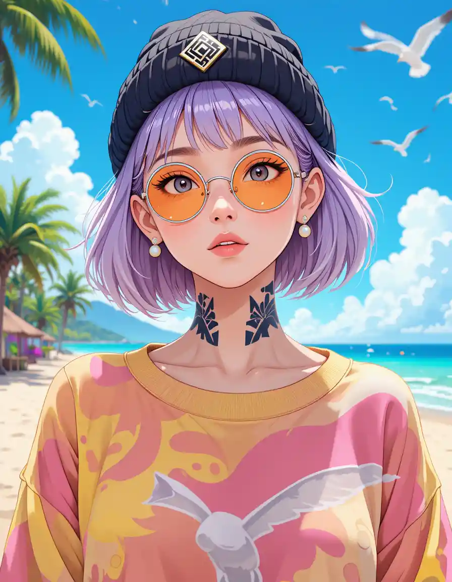 Anime girl with lavender hair on a sunny beach