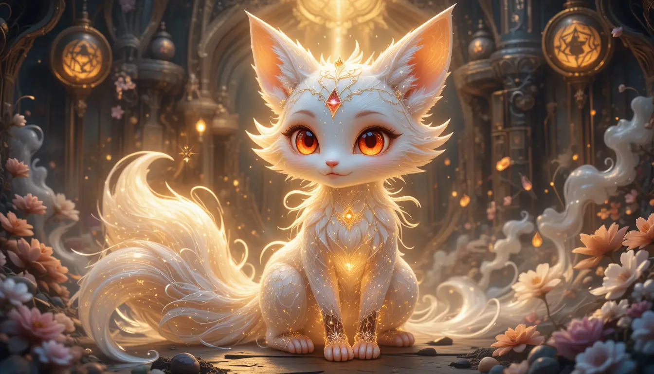Adorable crystal magic fox in a dreamy golden forest