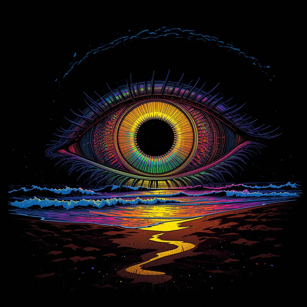 Psychedelic Sunset Beach With Surreal Sunflower Eye