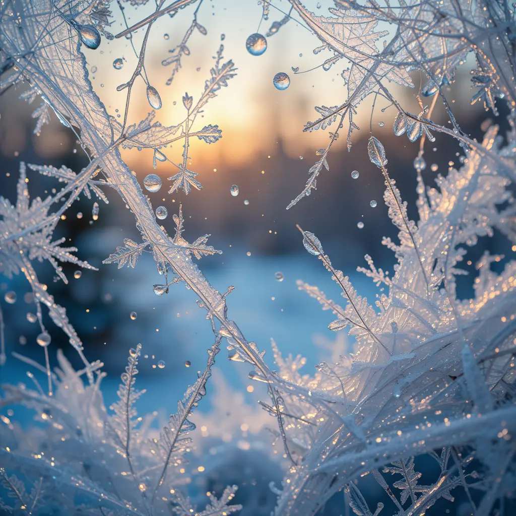 Frosty window with icy patterns and warm cozy glow