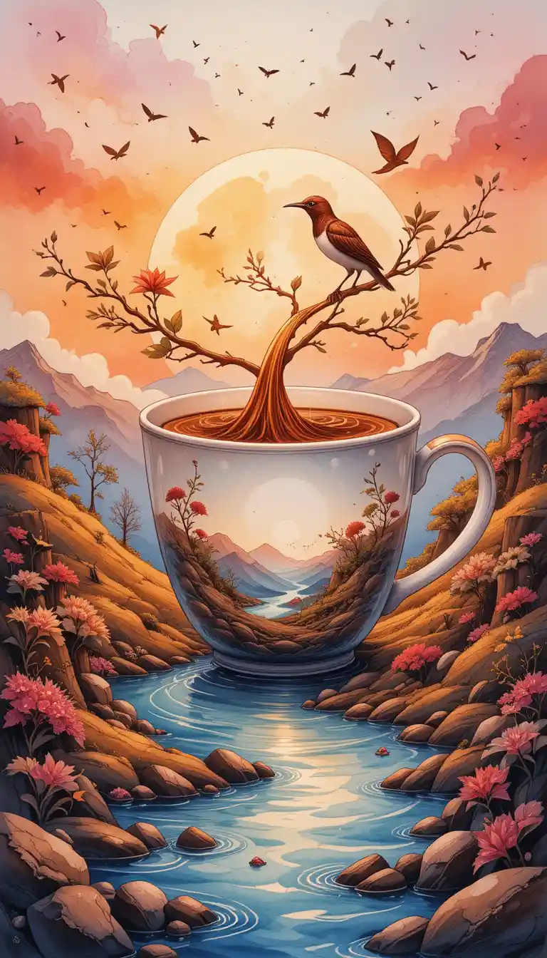 Surreal watercolor coffee cup with sunset sky and bird
