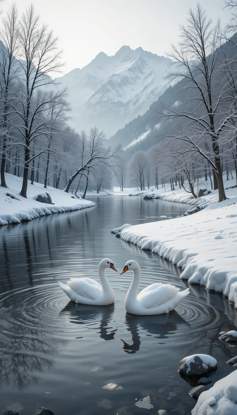 Two white swans on a snowy winter river landscape