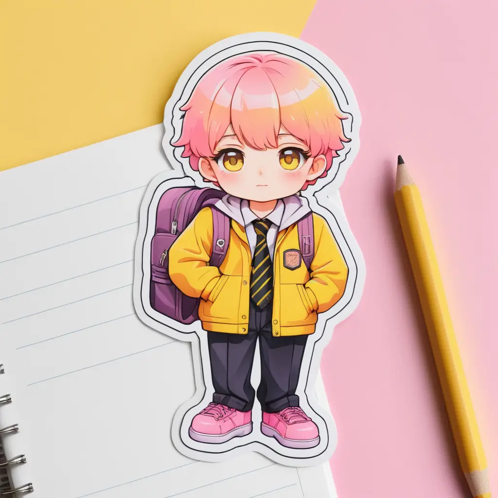 Cute collage sticker of a lone schoolboy with stationery