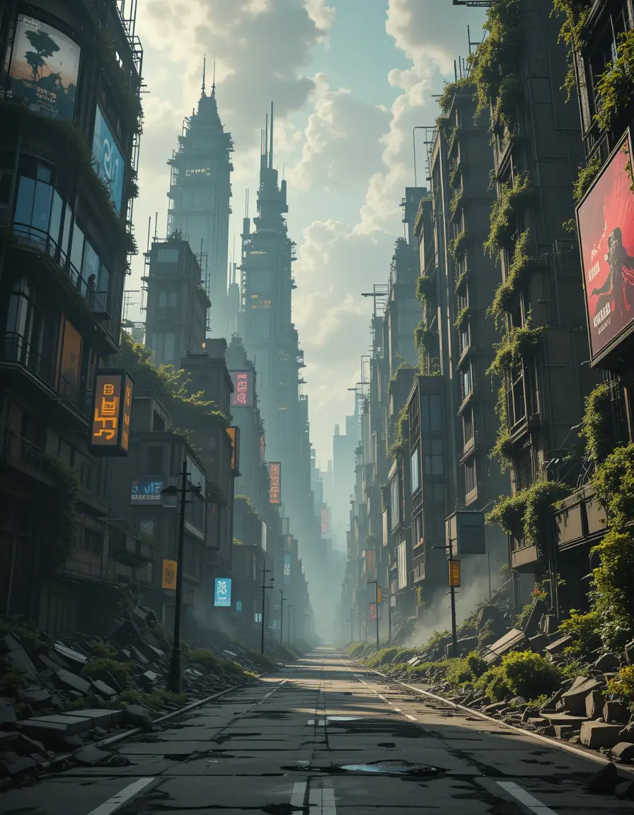 Futuristic ruined city street with neon and overgrown towers