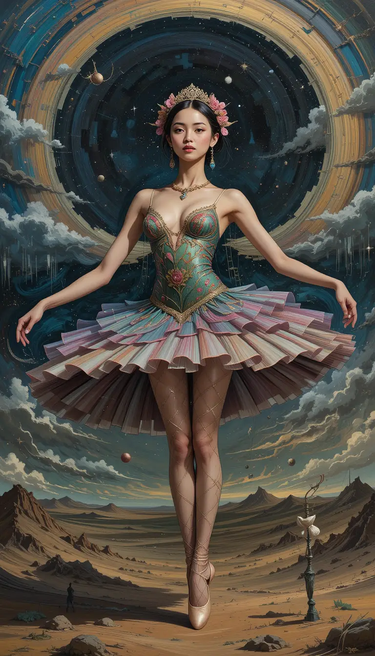 Surrealist Asian ballet dancer in a dreamlike painted scene