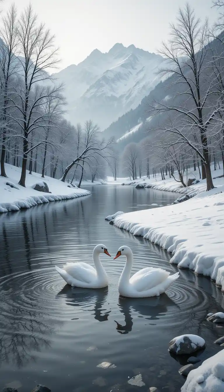 Two white swans on a snowy winter river landscape