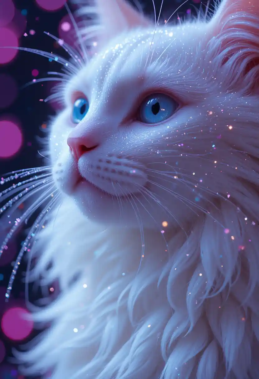 Close up white cat with sparkling kawaii illustration