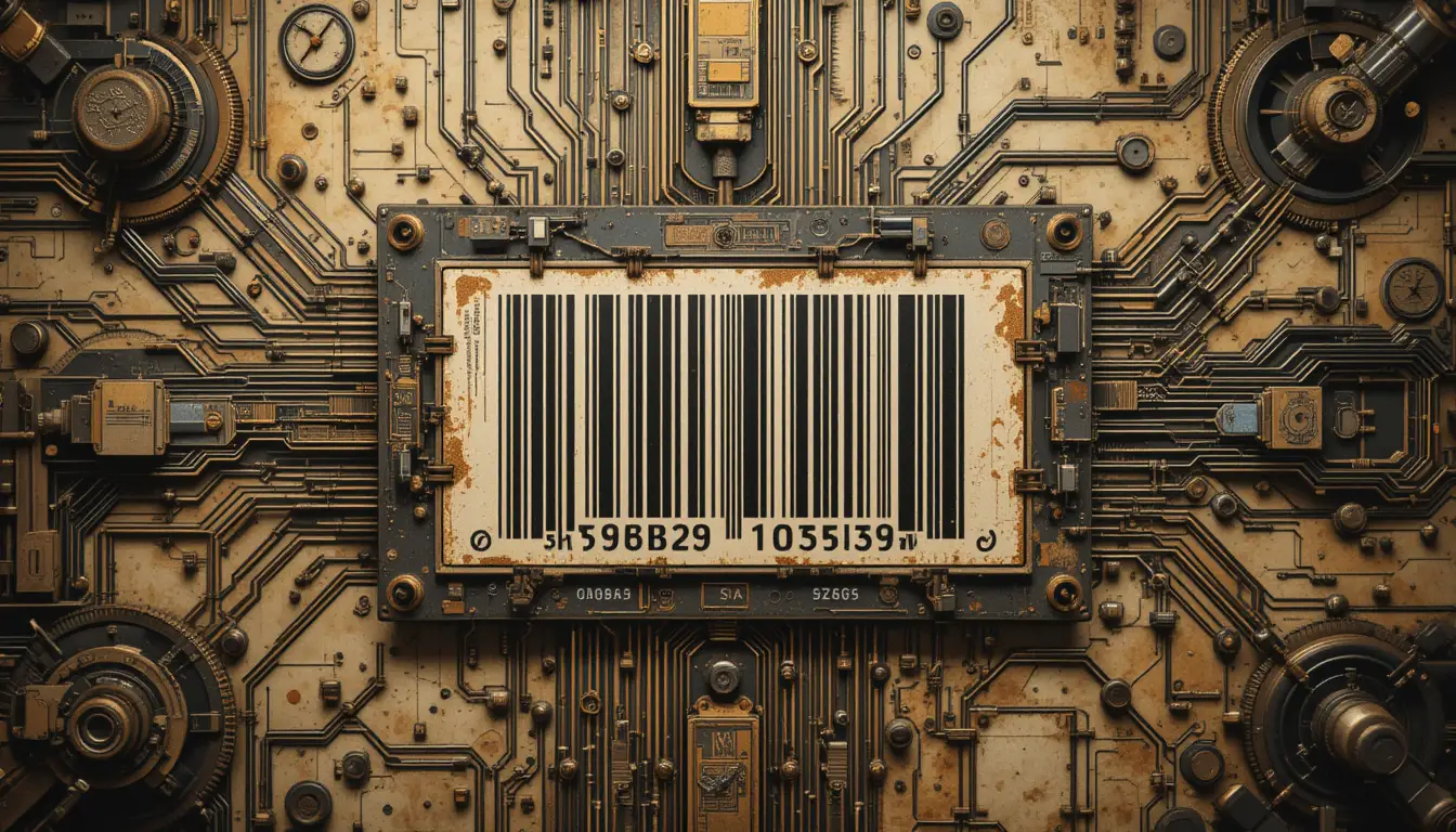Abstract digital barcode art with mechanical circuit elements