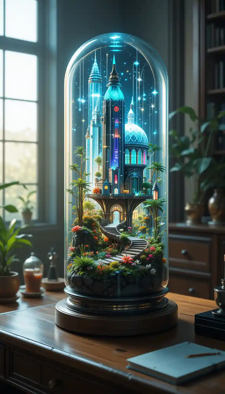 Floating alien crystal city inside an ancient glass tube