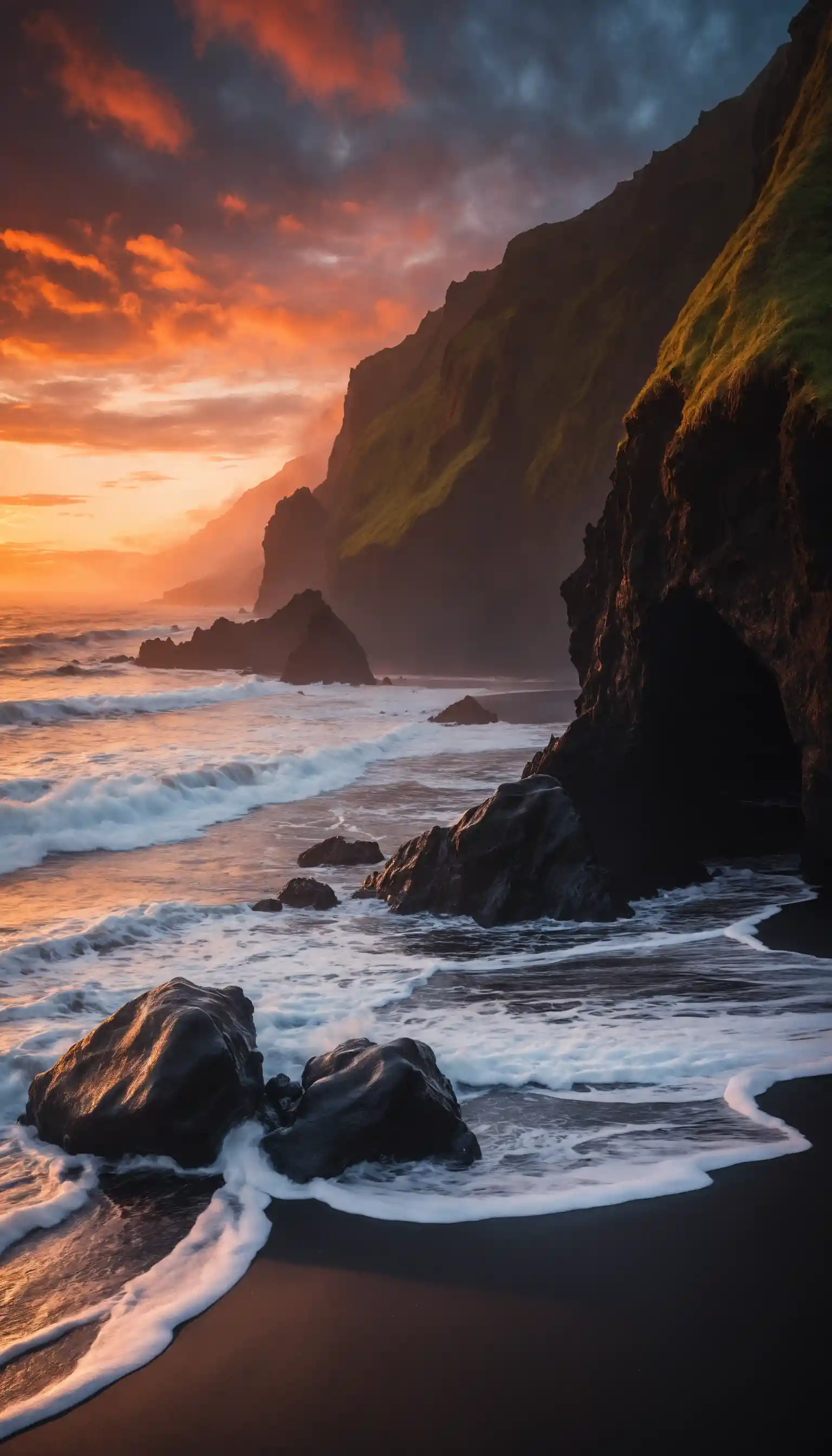 Dramatic black sand beach at fiery sunset with ocean waves