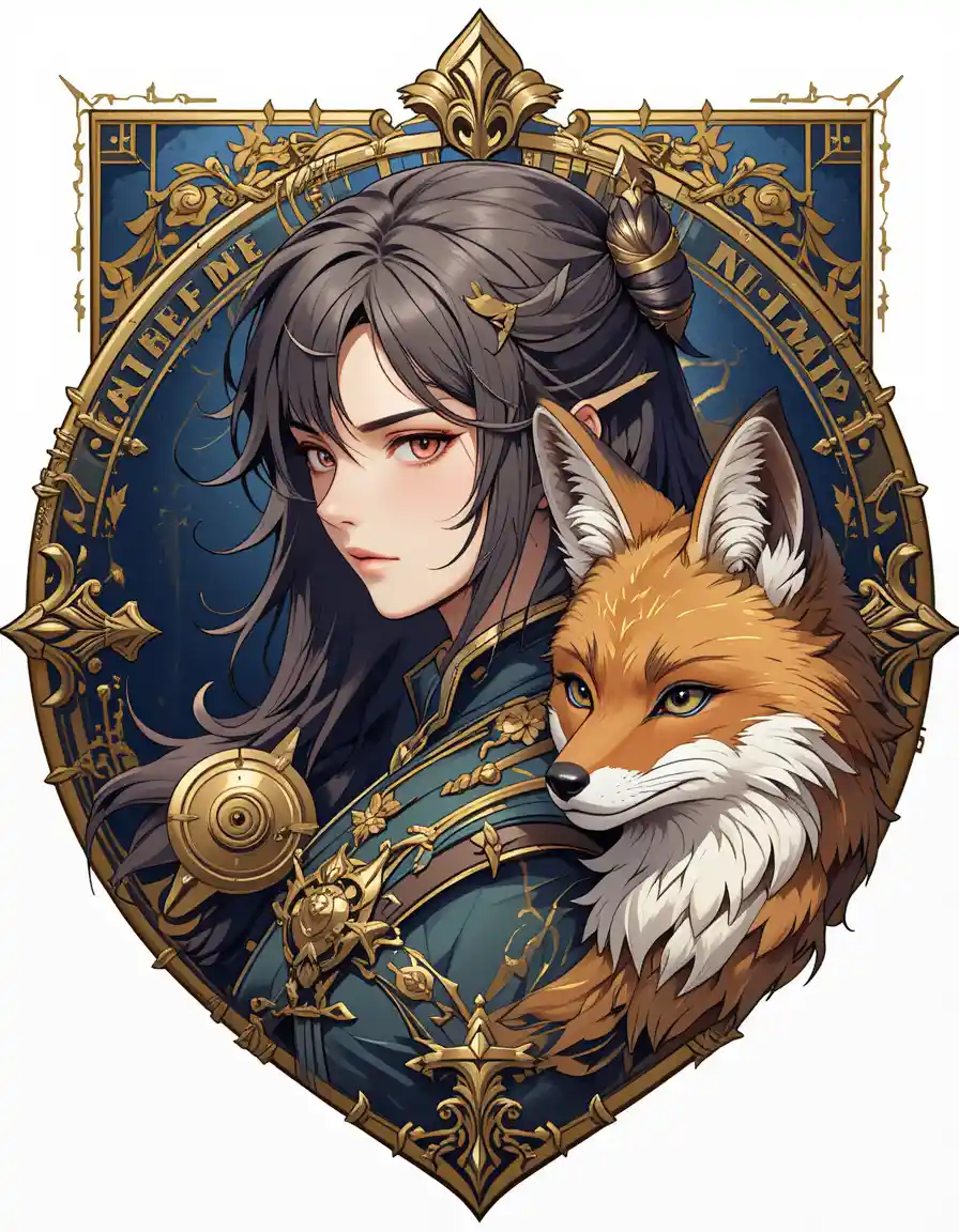 Anime warrior girl with fox in heraldic emblem