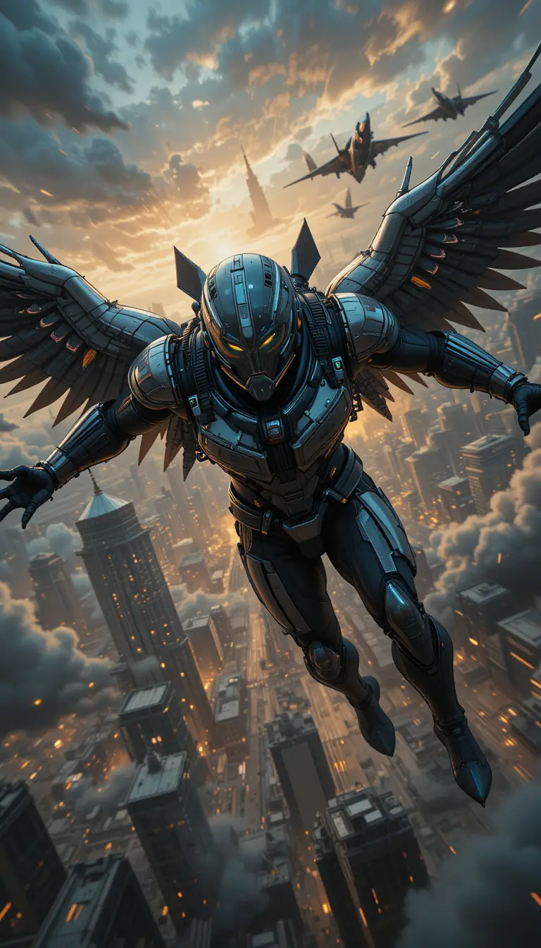 Futuristic Egyptian fighter pilot soaring through stormy skies