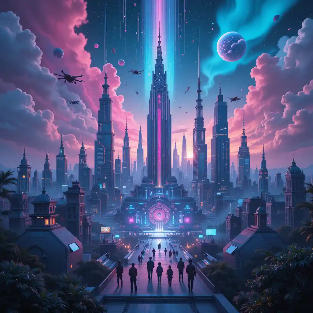 Futuristic digital painting of a utopian neon metropolis