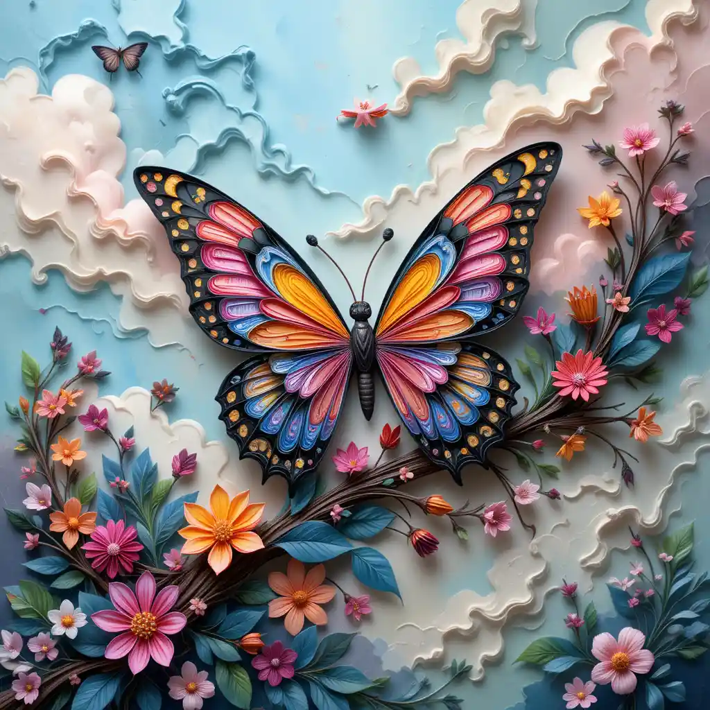 Fantasy Paper Quilling Butterfly On Floral Branch