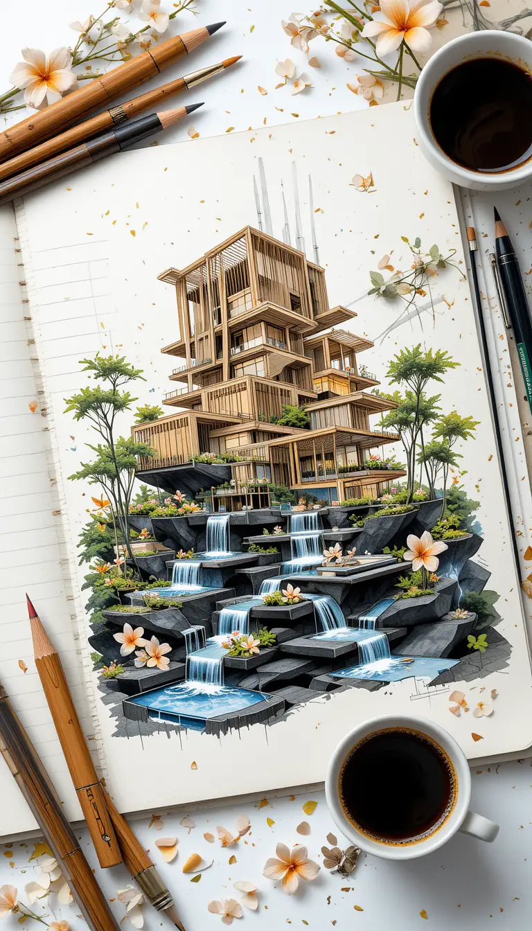Futuristic bamboo architecture above terraced pools at night