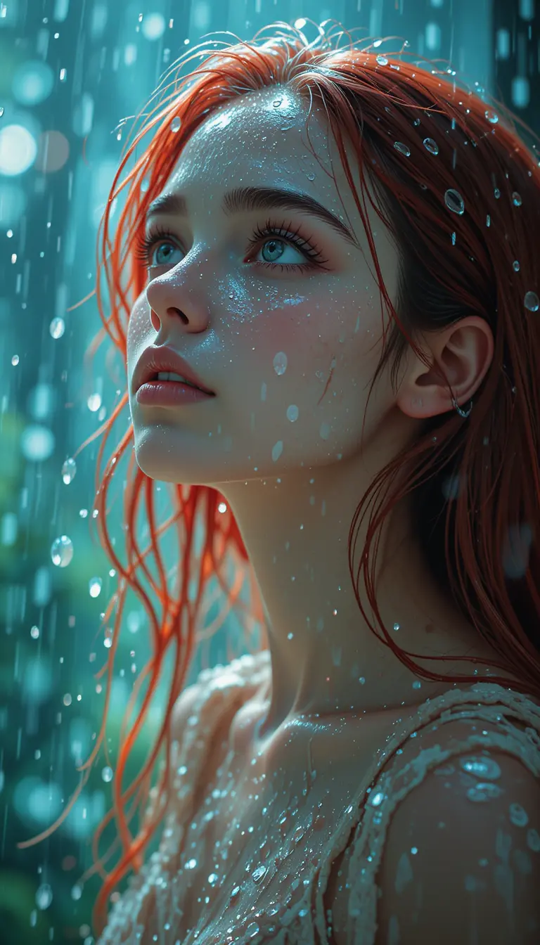 Anime woman with clear skin looking up in the rain