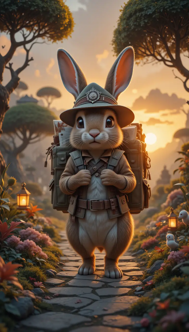 Giant Traveling Rabbit Courier In A Fantasy Sunset World
