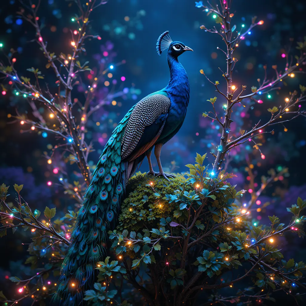 Peacock Resting On Pear Tree Wrapped In Christmas Lights