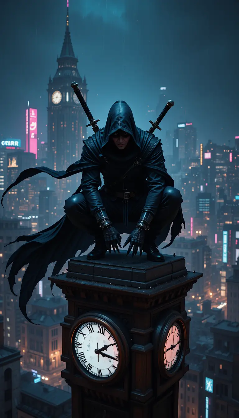 Cyberpunk assassin on a clock tower above neon city