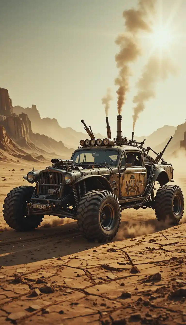 Armored wasteland car in a harsh desert landscape