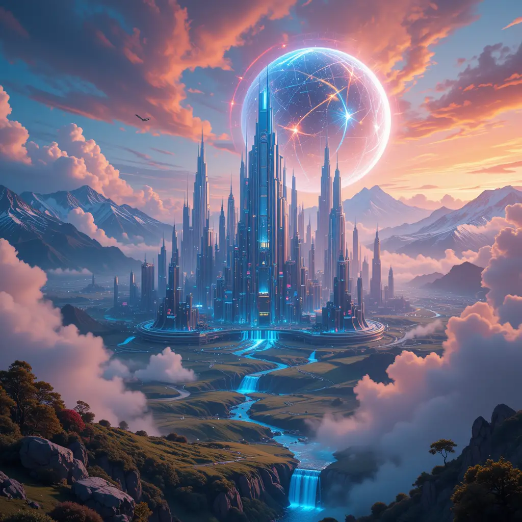 Futuristic floating city above colorful glowing clouds