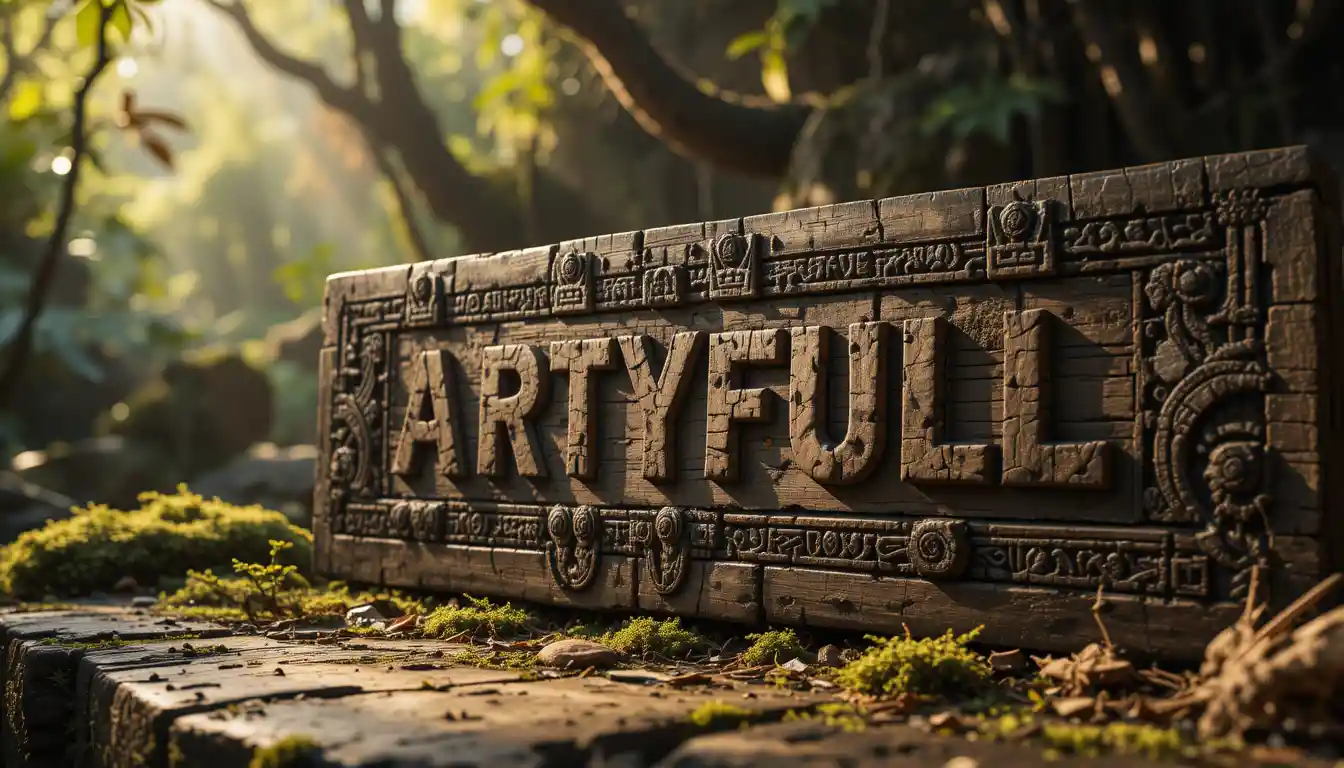Ancient wooden artyfull tablet in mystical jungle light