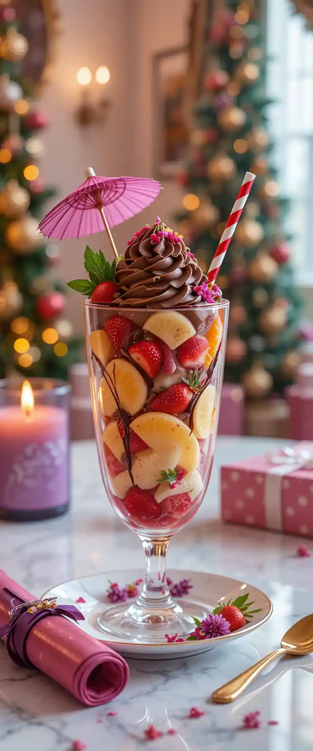 Festive fruit cocktail glass with candle and gifts