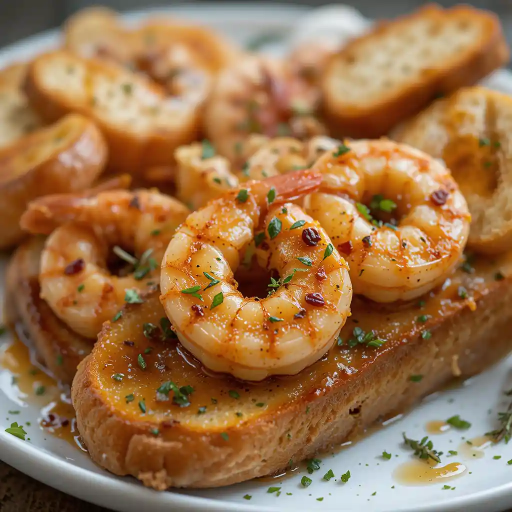 Garlic butter shrimp on toasted baguette with herbs