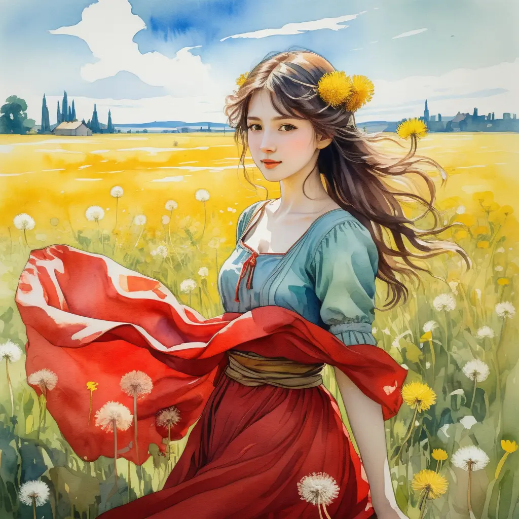 Anime girl in a sunny watercolor field with dandelions