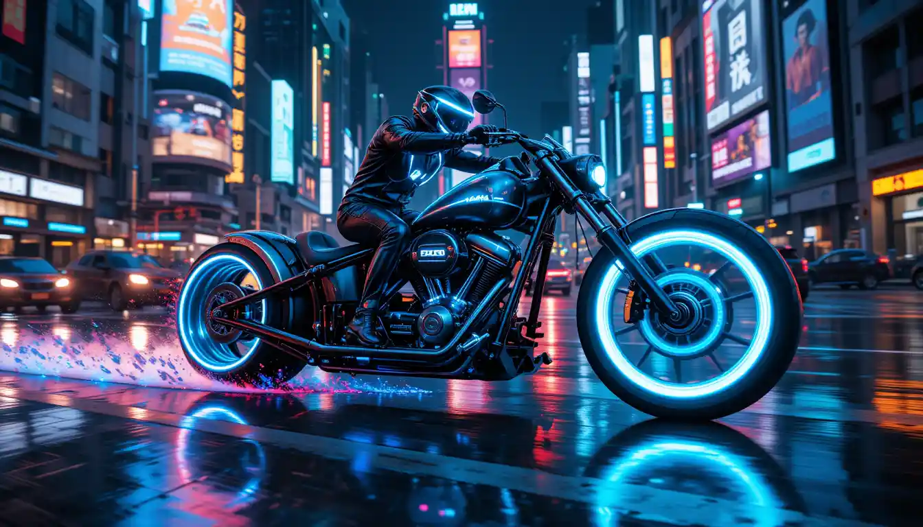 Futuristic neon motorcycle racing through cyberpunk city