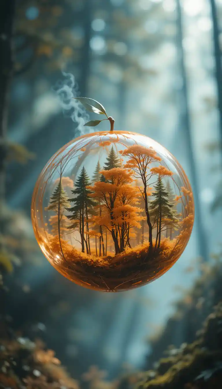 Enchanted Forest Reflected Inside A Glossy Glass Orange