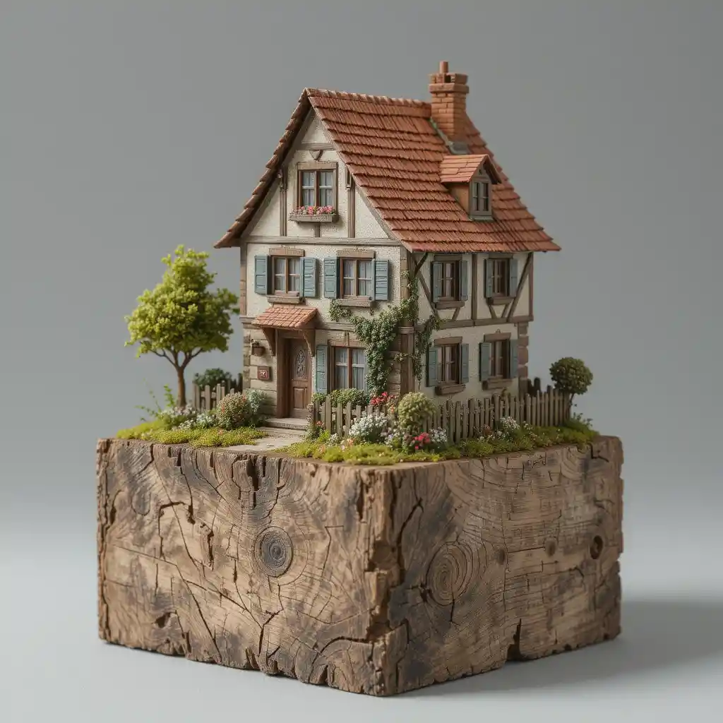 Diorama artigianale di una casa europea in miniatura su blocco di legno