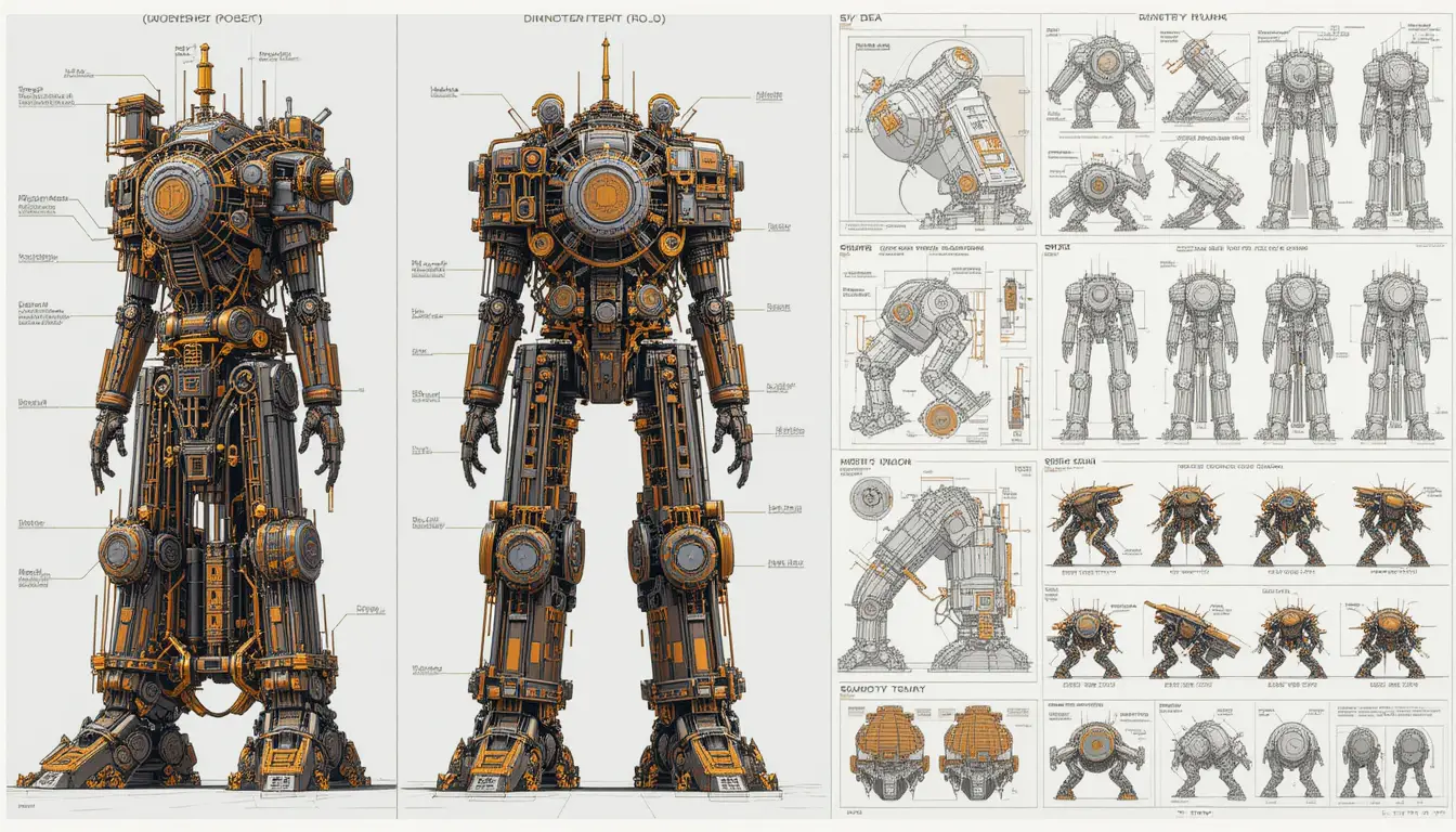 Technical design concept of a colossal steampunk mecha