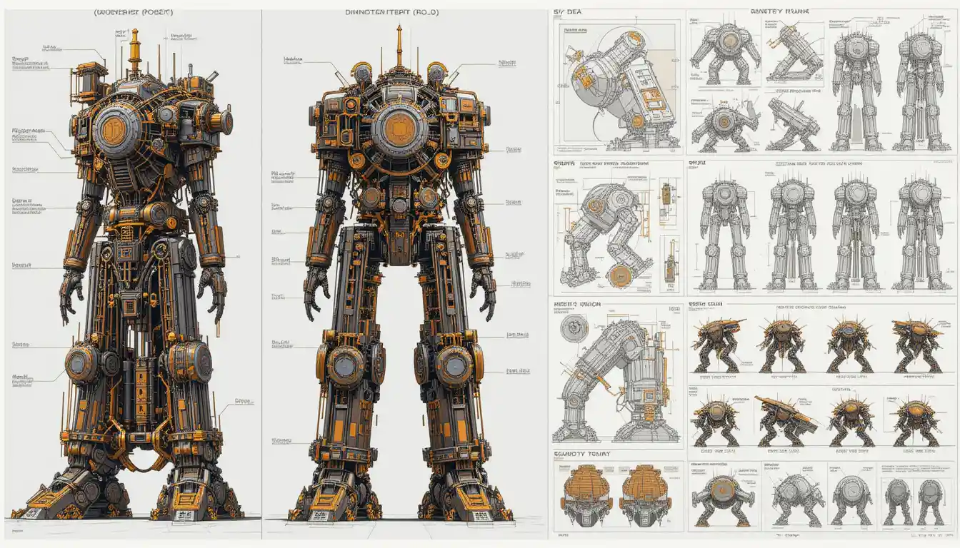 Technical design concept of a colossal steampunk mecha
