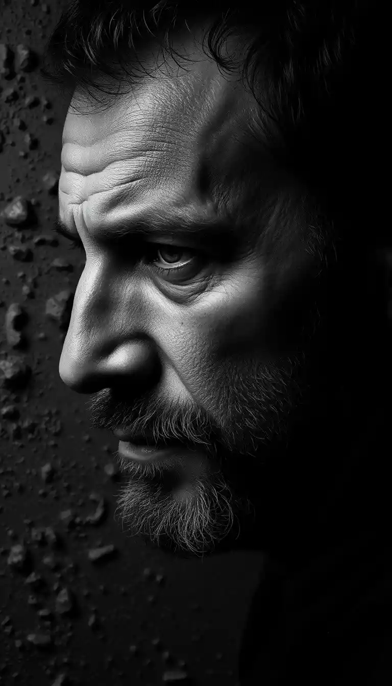 Sad man close up portrait with dark scratched metal background