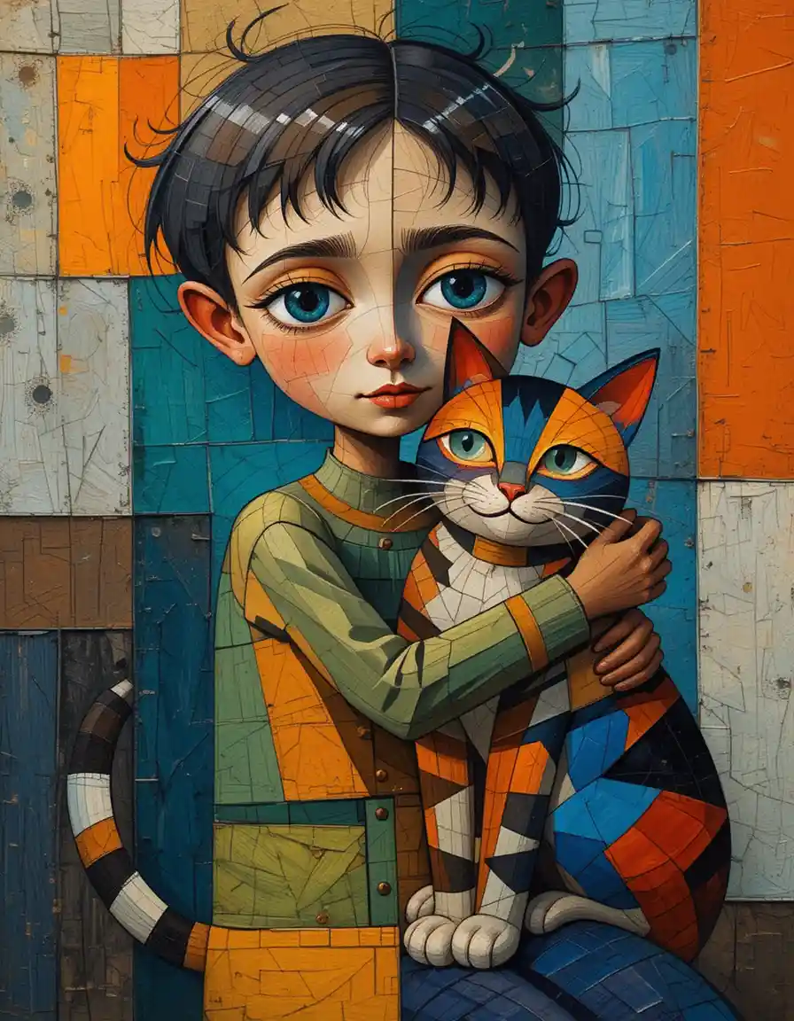 Child hugging a stylized cat in cubist abstract art
