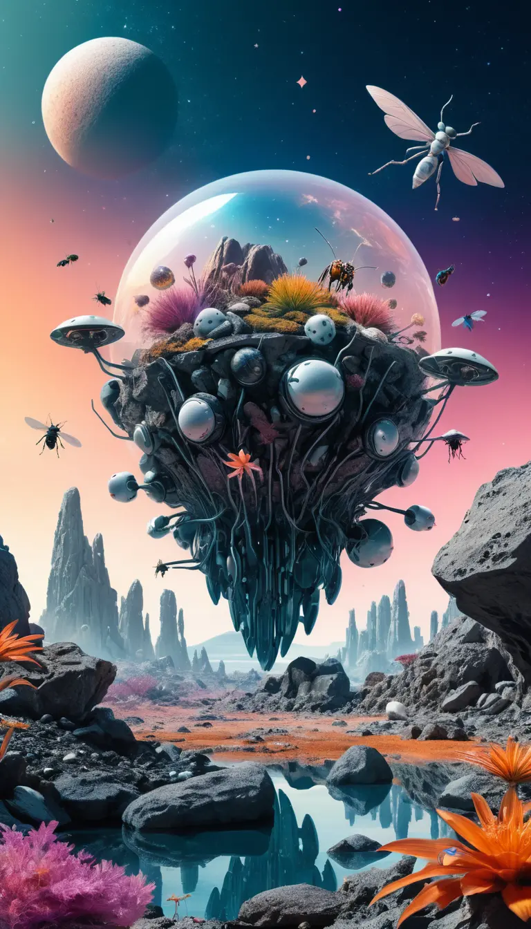 Surreal Sci Fi Landscape With Robotic Insects At Twilight