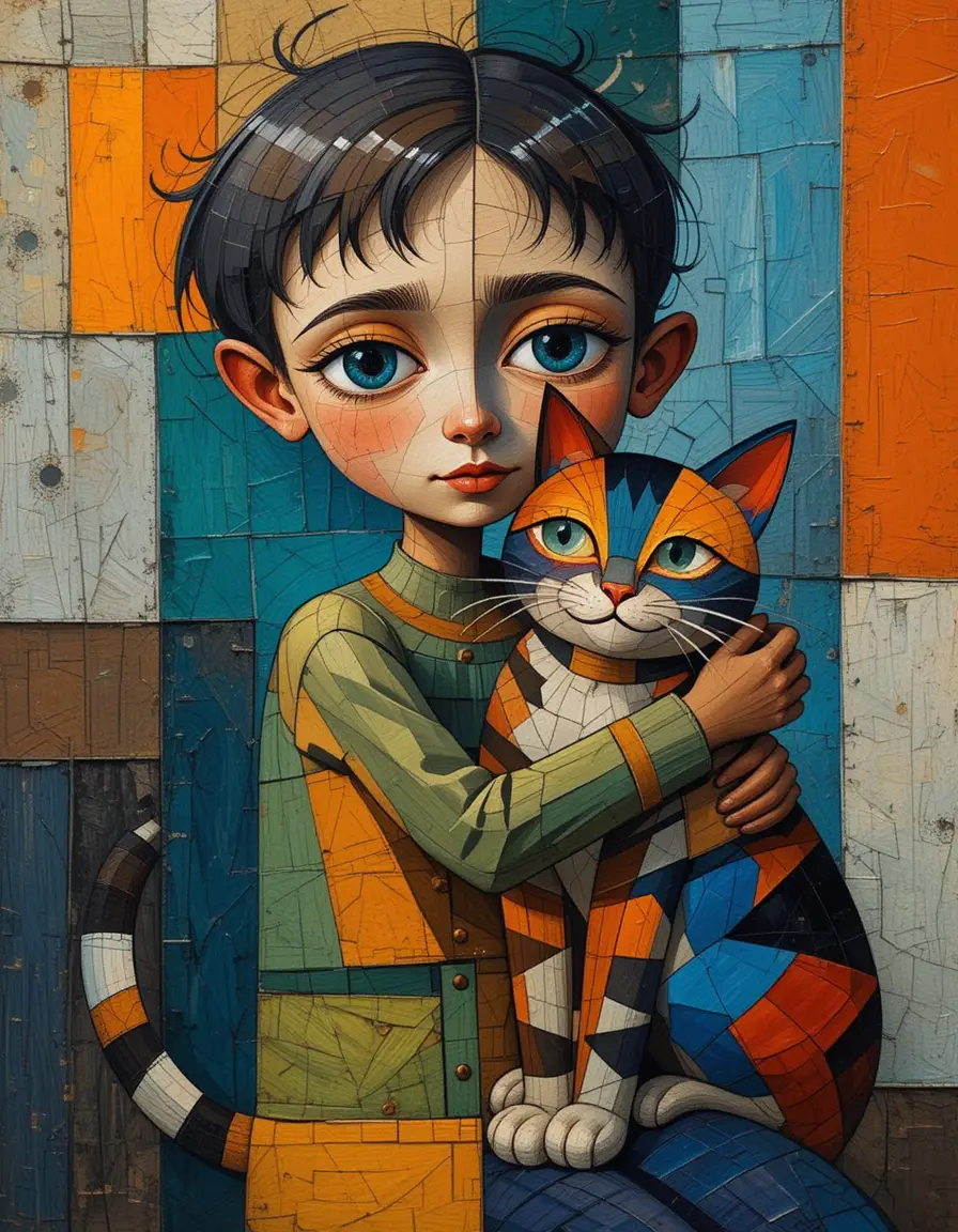 Bambino che abbraccia un gatto stilizzato in arte astratta cubista