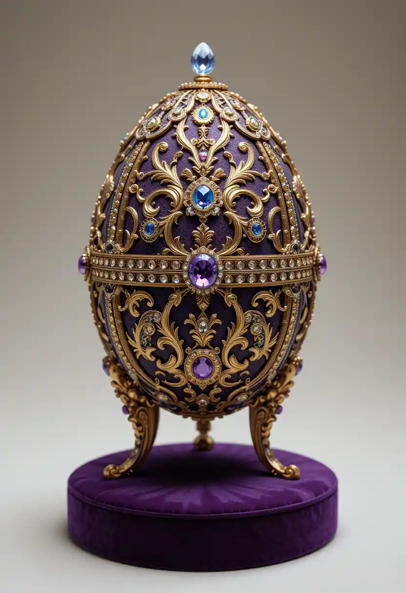 Ornate jeweled egg on purple velvet display stand