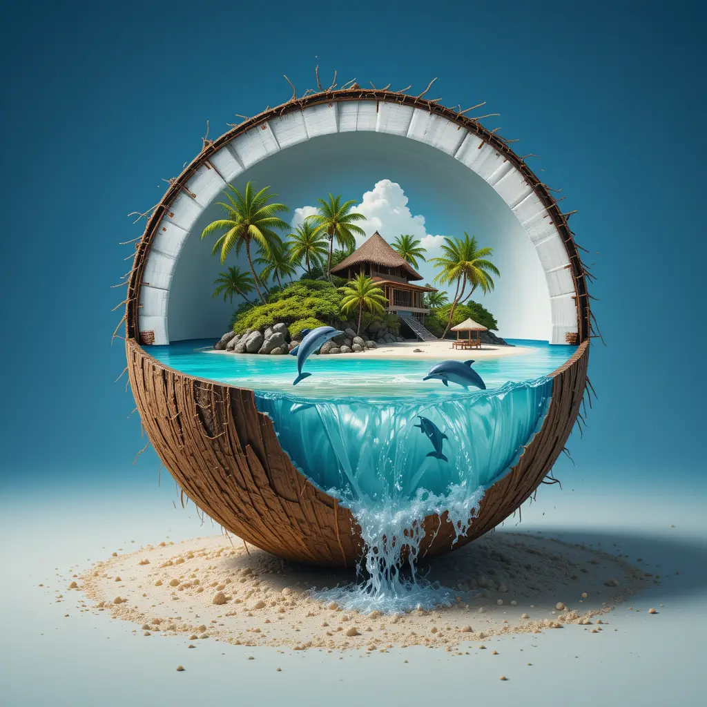 Miniature tropical island world inside a cracked coconut