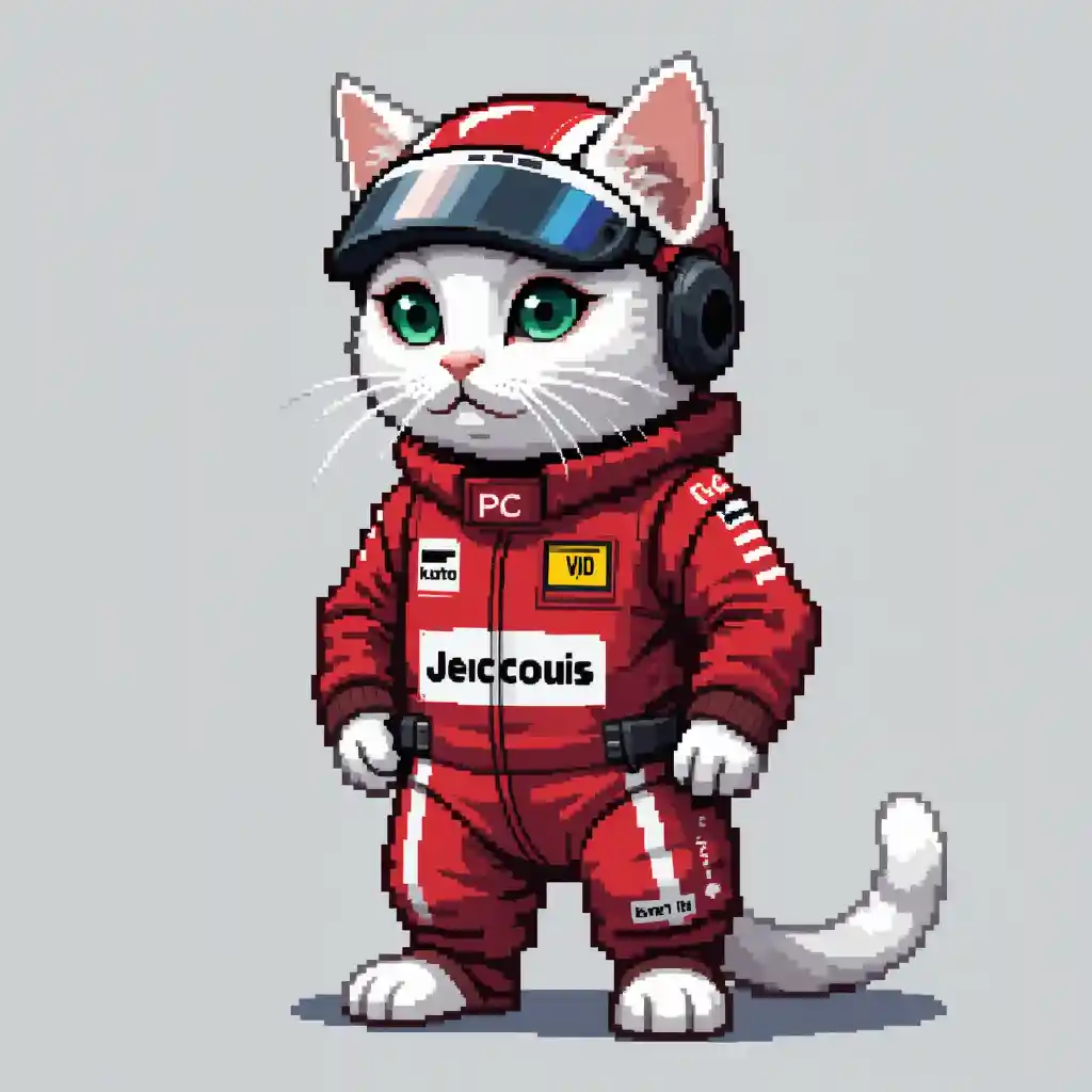 White pixel art cat in red formula racing suit