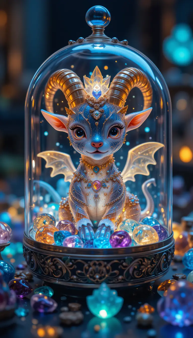 Cute baby chimera in a glowing glass jewelry box