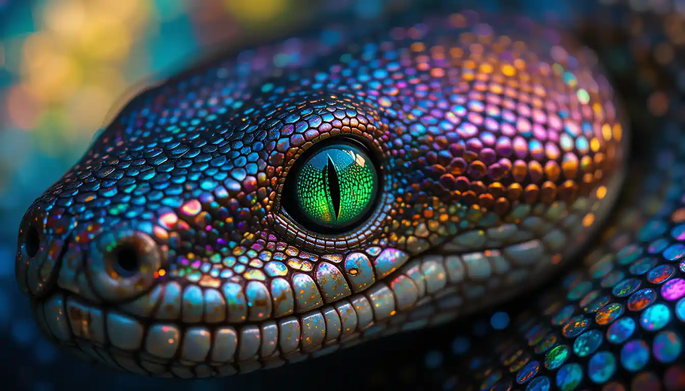 Close up jungle snake eye with iridescent scales