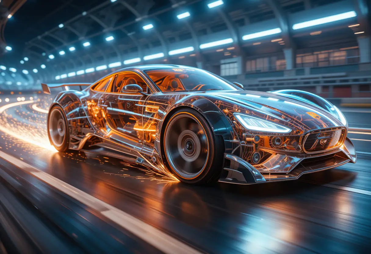 Futuristic transparent sports car on a neon racetrack
