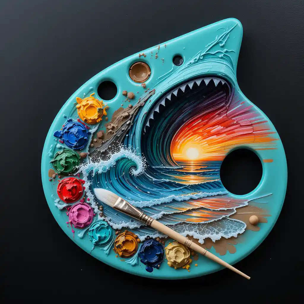 Surreal Shark Shaped Paint Palette On Psychedelic Sunset