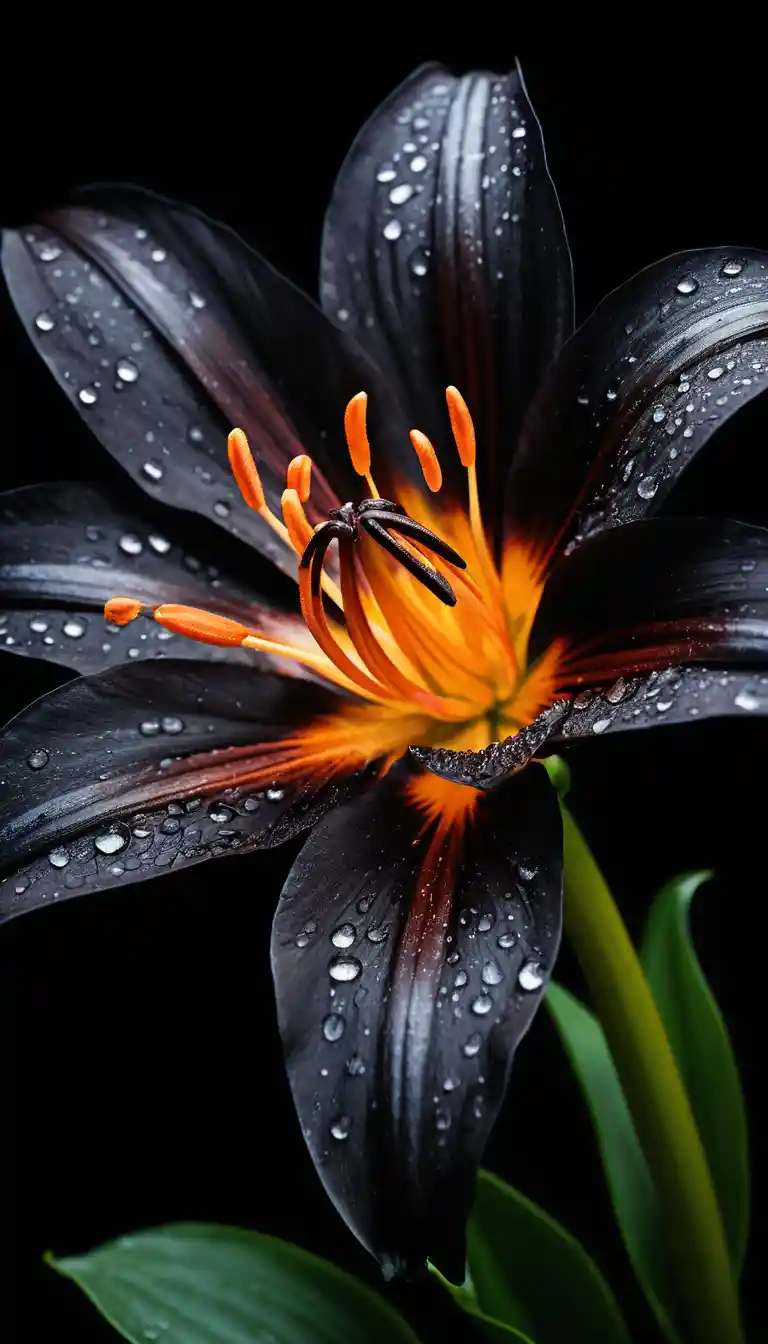 Close up black lily with glistening water droplets