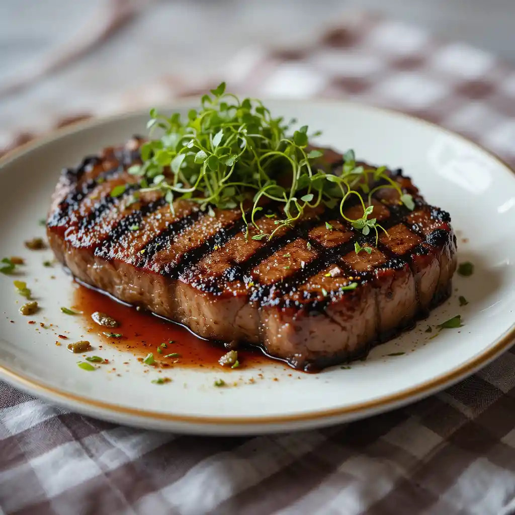 Grilled steak with microgreens on a checkered table setting