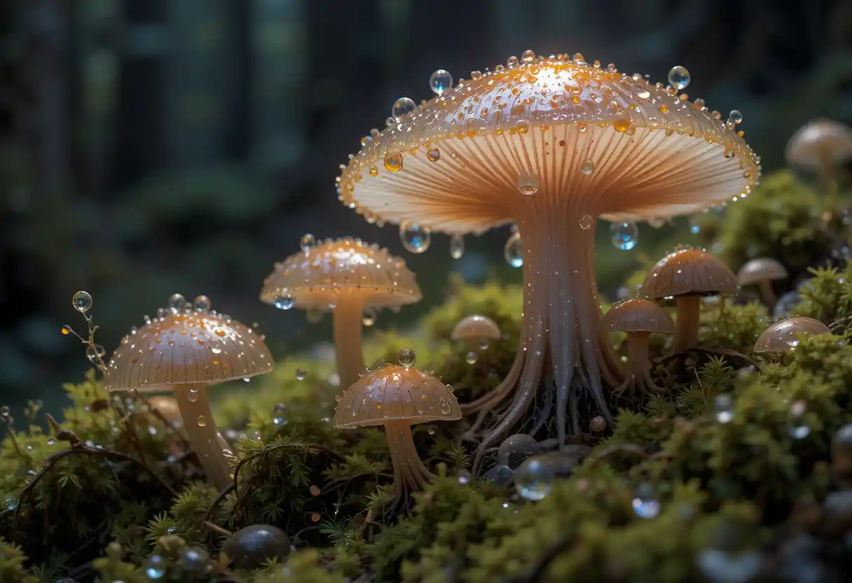 Macro close up of strange moss mycosis in dark forest