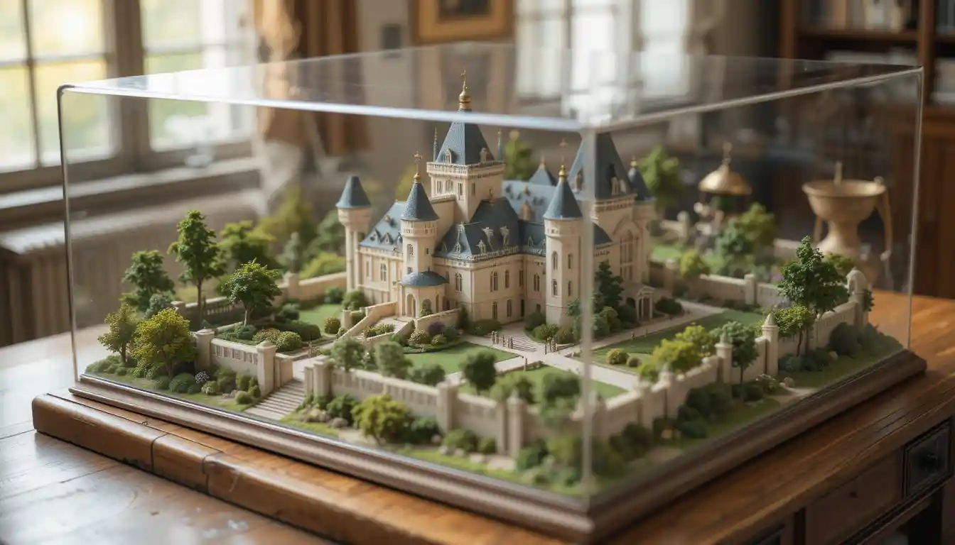 Miniature castle model with moat under glass on oak desk