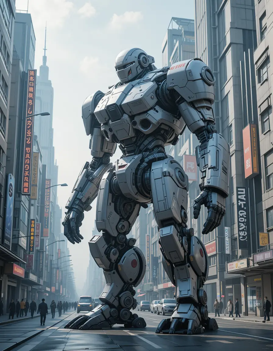 Giant Armored Robot In A Futuristic City Street